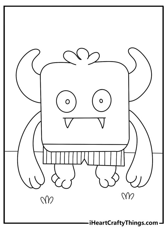 Monster coloring page for toddlers with a soft square monster in striped pajamas