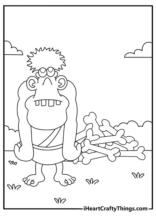 Monster coloring page pdf with a cave dweller guarding a pile of bones