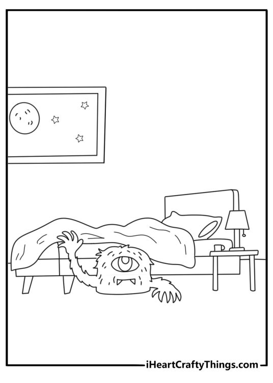 Monster coloring page with a furry creature hiding under a bed