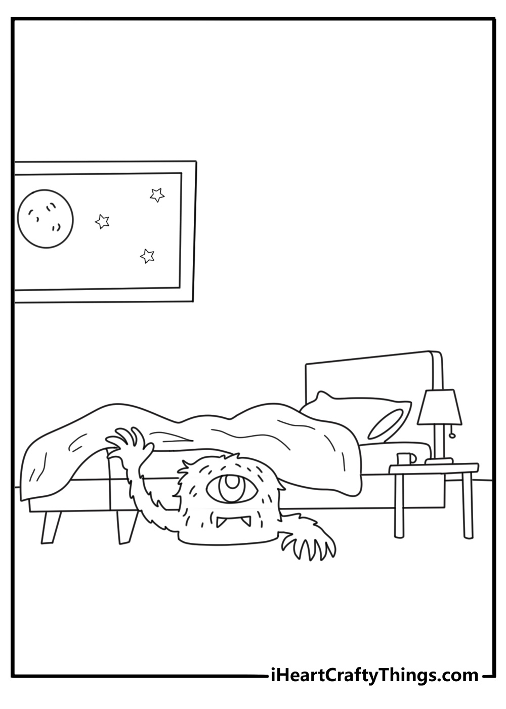 Monster coloring page with a furry creature hiding under a bed