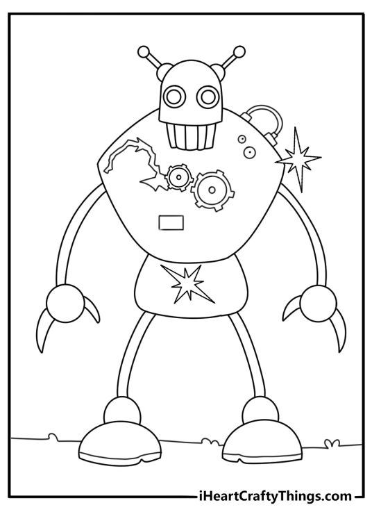 Monster coloring page with a robot monster powered by gears and sparks