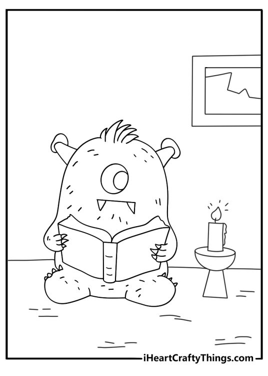 Monster coloring sheet of a one eyed creature reading a book by candlelight