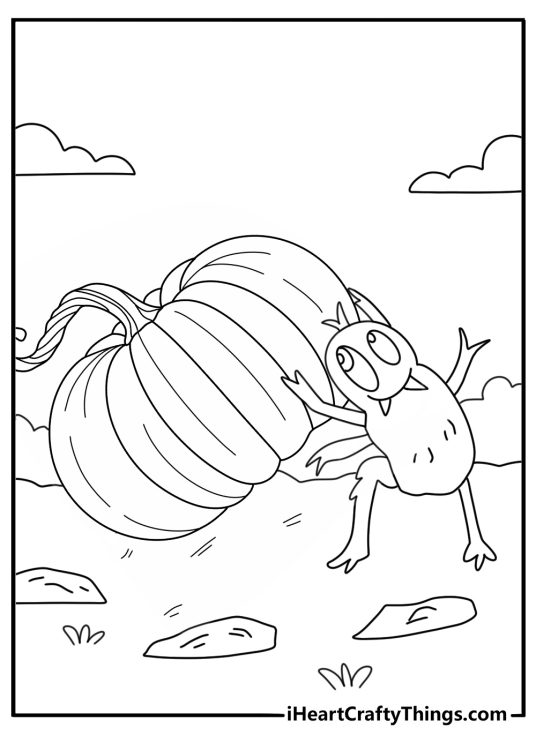 Monster coloring sheets for kids with a bug eyed creature rolling a pumpkin