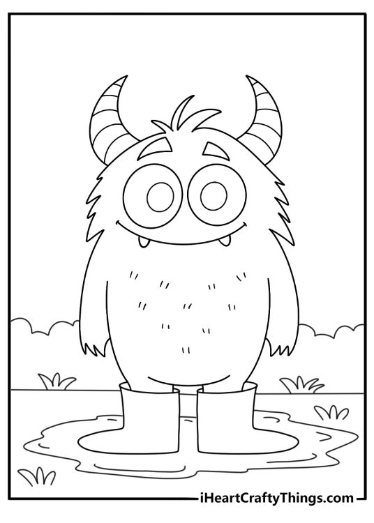 Monster coloring sheets free printable with a goofy beast wearing rain boots