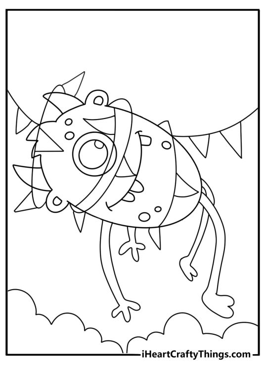 Monster coloring sheets free with a furry monster tangled in streamers
