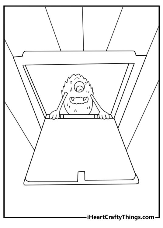 Monster house coloring page with a creature opening a creaky attic hatch
