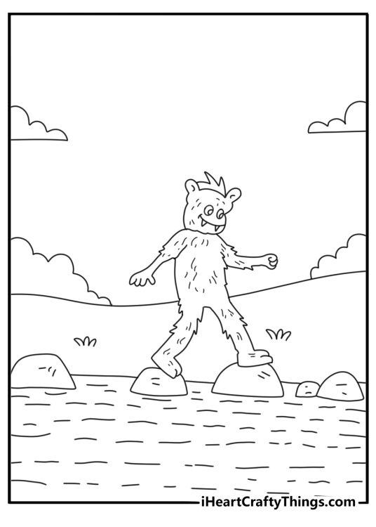 Monsters in coloring page with a marsh beast crossing stepping stones