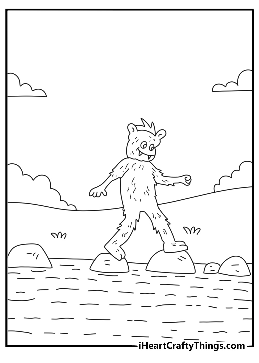Monsters in coloring page with a marsh beast crossing stepping stones