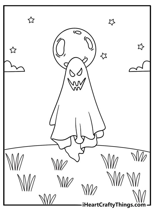 Moonlit reeds surround a floating ghost in this easy coloring sheet