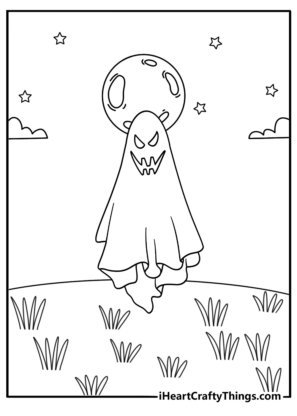 Moonlit reeds surround a floating ghost in this easy coloring sheet