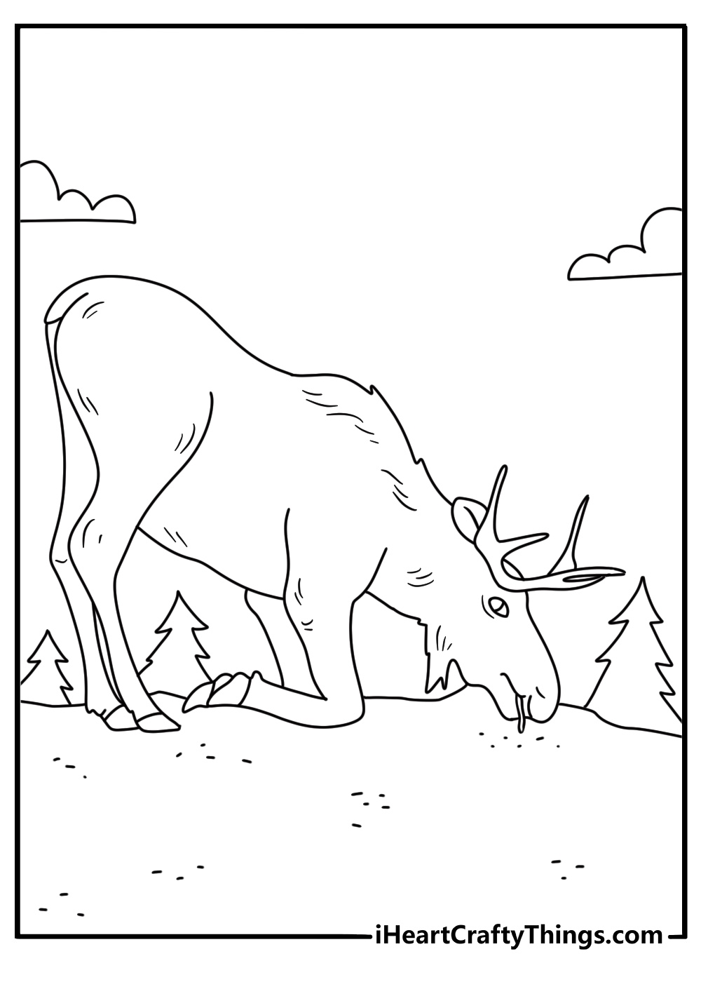 Moose coloring page for kids featuring an animal sniffing a salt lick