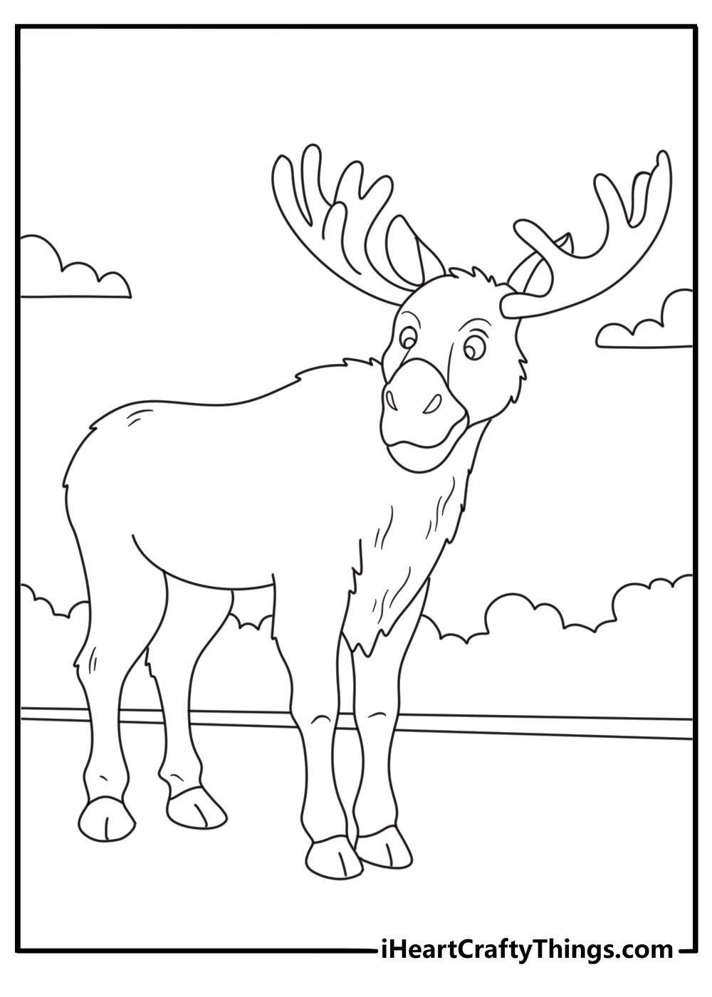 Moose coloring pages scene with an animal crossing a country road
