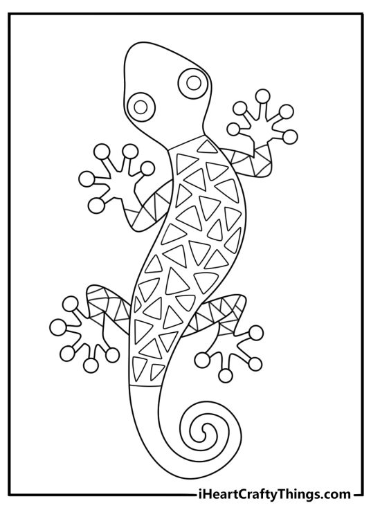 Mosaic style lizard with tile shapes detailed coloring page for adults