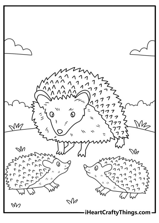 Mother hedgehog with two hoglets under a bush cute kawaii coloring printable