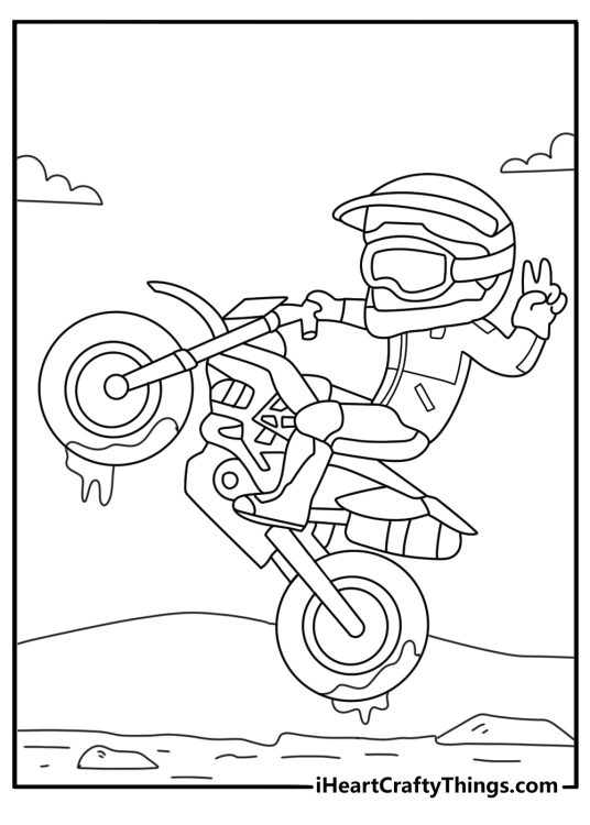 Motorcycle coloring page for kids with a small mini bike on a dirt path