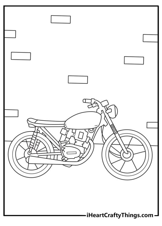 Motorcycle coloring page with a vintage cafe racer parked by a brick wall
