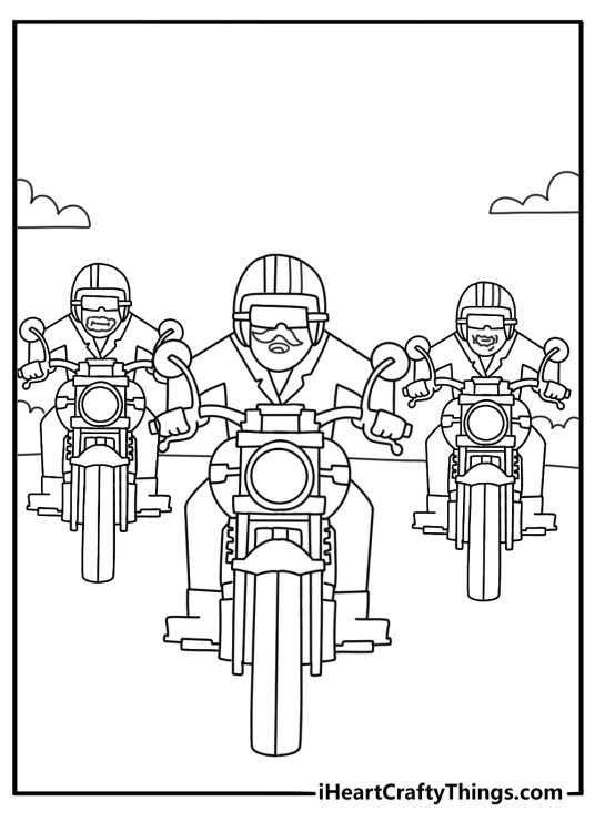 Motorcycle coloring pages scene with bikes lined up at a rally