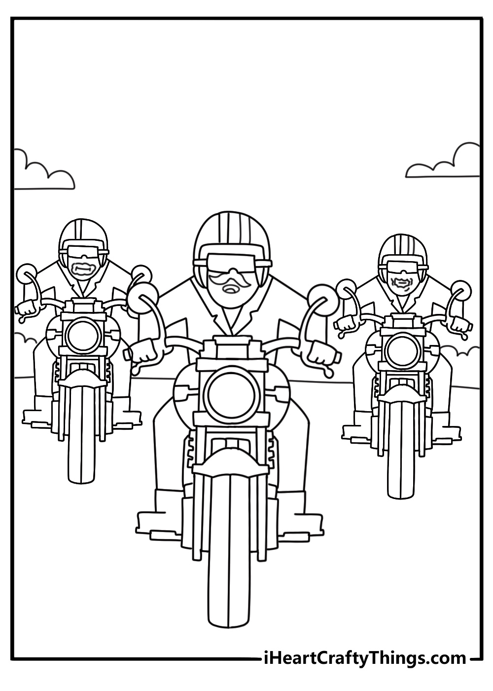 Motorcycle coloring pages scene with bikes lined up at a rally
