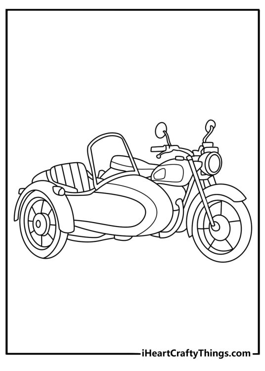Motorcycle coloring printable with a sidecar attached to a classic bike