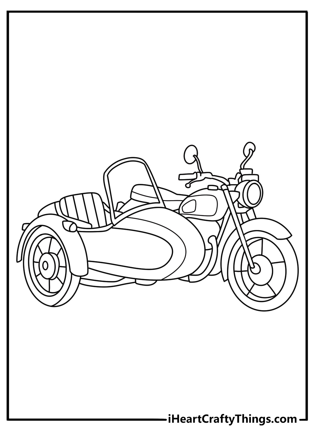 Motorcycle coloring printable with a sidecar attached to a classic bike