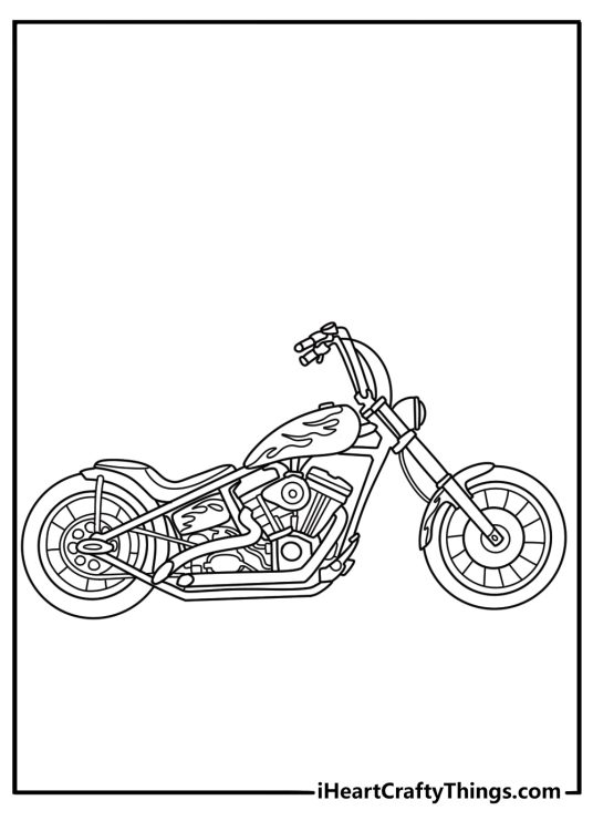 Motorcycle coloring sheet for adults with a custom bike and flame decals