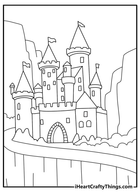 Mountain cliff castle with winding path and pine trees advanced coloring page