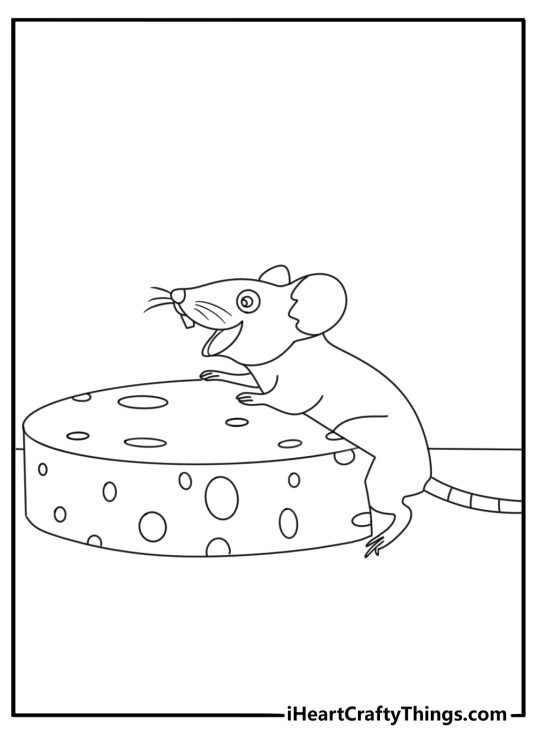 Mouse coloring page for kids with a mouse climbing onto a cheese wheel