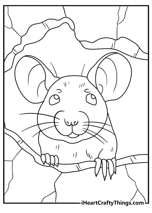 Mouse coloring page with a tiny mouse peeking from a wall hole