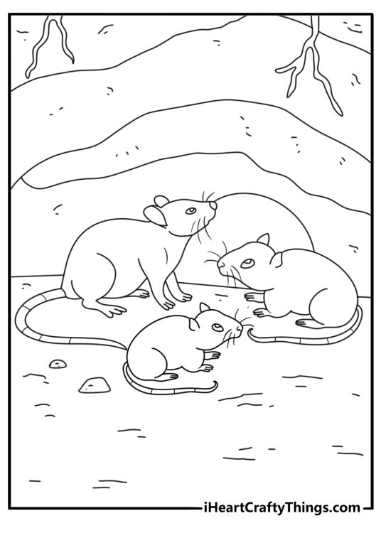 Mouse coloring pages scene with a mouse family inside a cozy burrow
