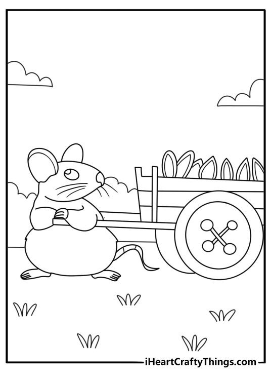 Mouse coloring printable with a mouse pulling a seed in a little cart