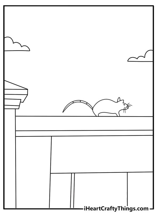 Mouse coloring sheet with a mouse crossing a wooden fence rail