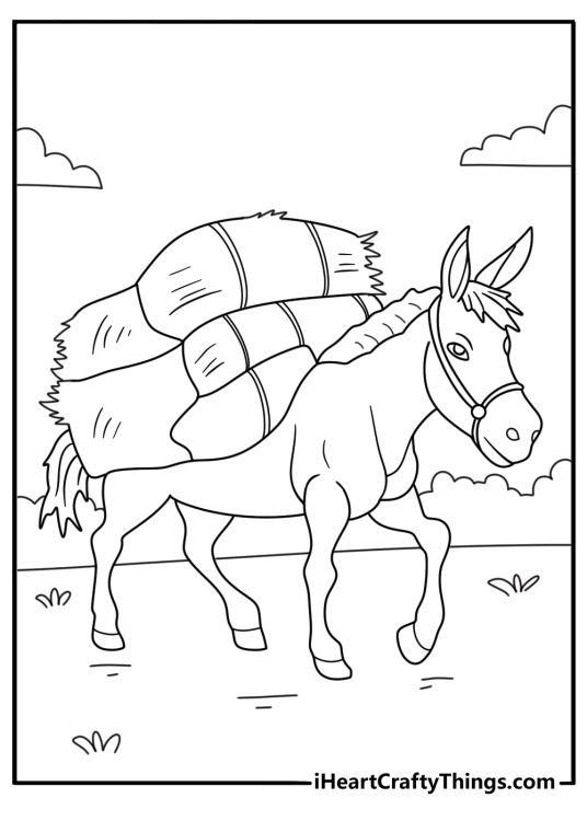 Mule carrying hay bundles easy coloring page