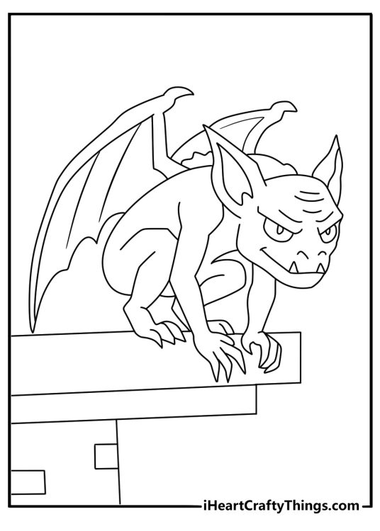 Mythical monster coloring page with a gargoyle perched on a tower edge