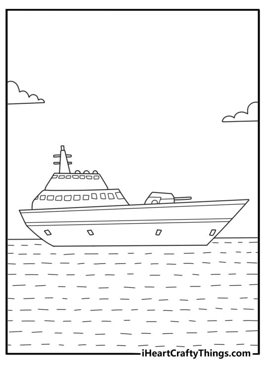 Navy ship coloring page with radar tower and antenna lines