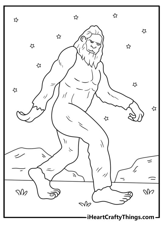 Night hike Bigfoot coloring sheet for adults with stars tall conifers and rugged terrain