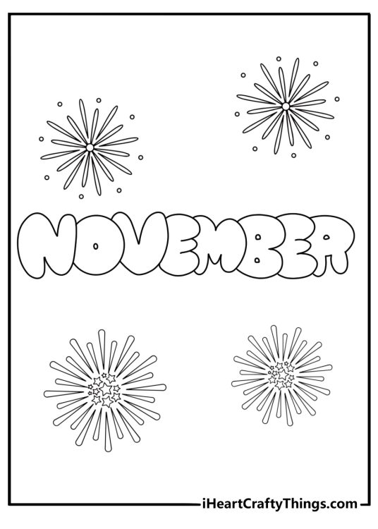 November bubble letters to color with bonfire night fireworks and sparkler trails coloring page printable pdf