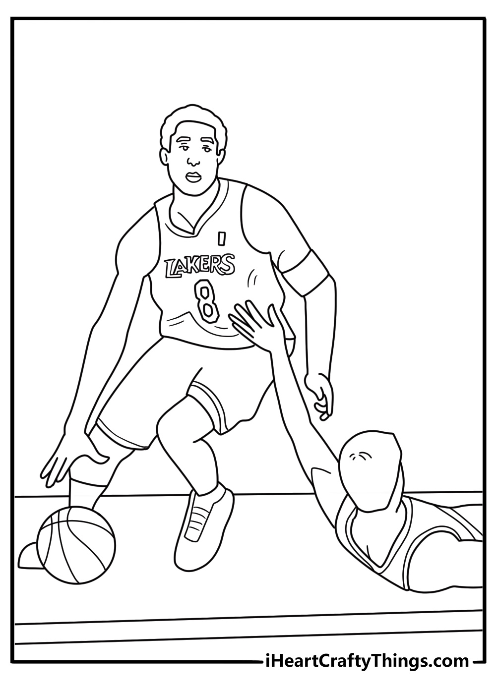 Number 8 jersey Kobe dribbles past a defender in this basketball coloring page