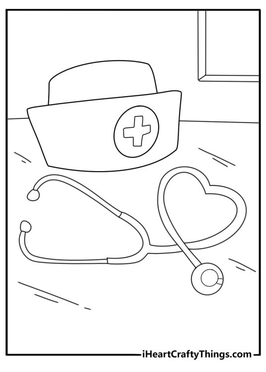 Nurse hat with red cross and stethoscope detailed coloring page for adults