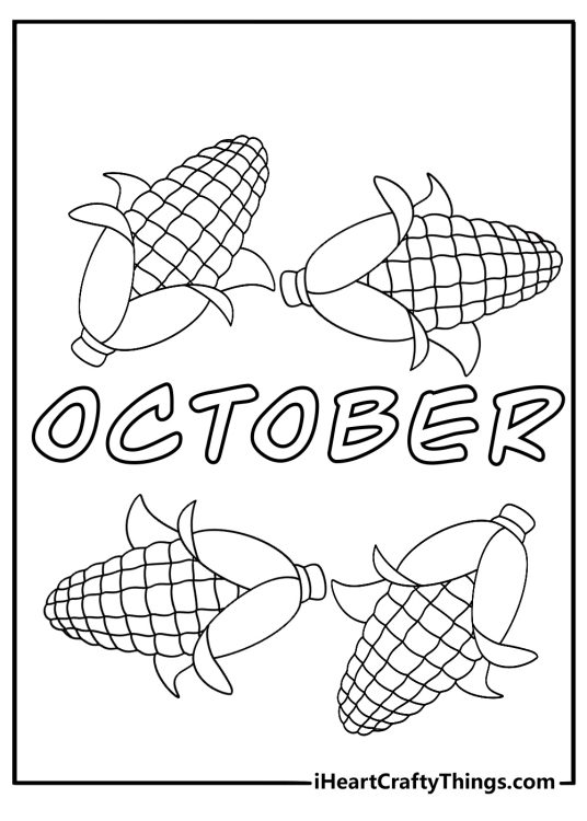 October coloring sheet with word October surrounded by corn stalks