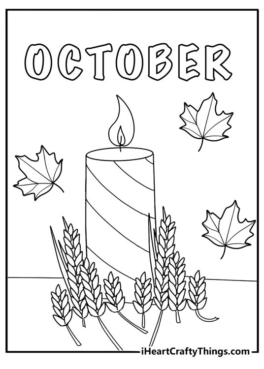 October detailed coloring page with candles leaves and harvest wheat