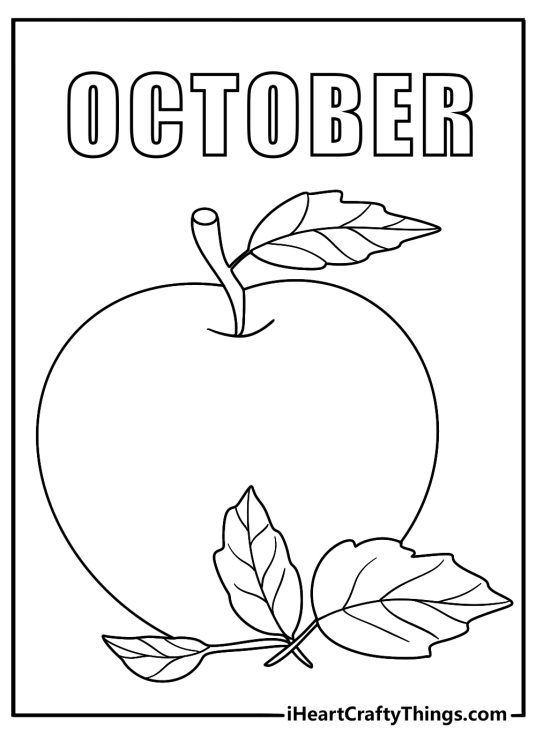 October easy coloring page for kids with apples and falling leaves