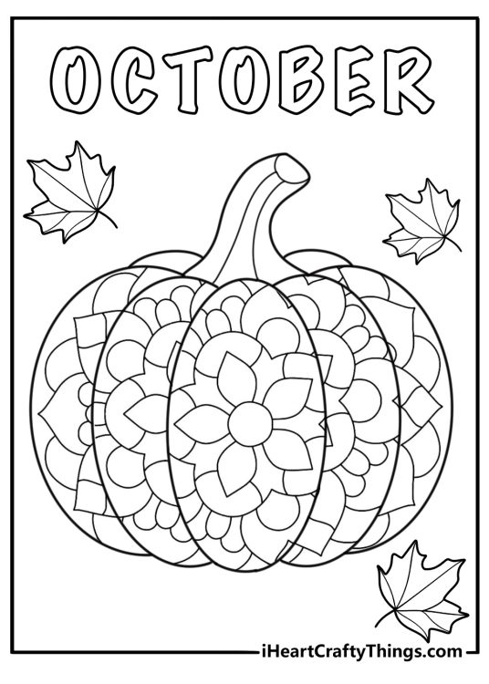 October mandala style coloring page with pumpkins and autumn leaves for adults