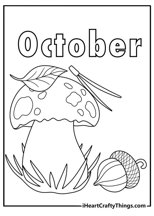 October printable coloring sheet with mushrooms and falling acorns