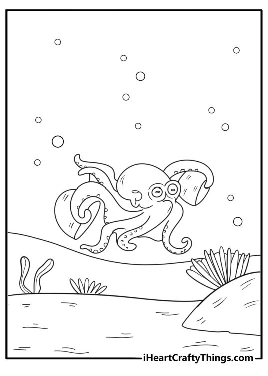Octopus carrying coconut shells tool use scene easy coloring page download