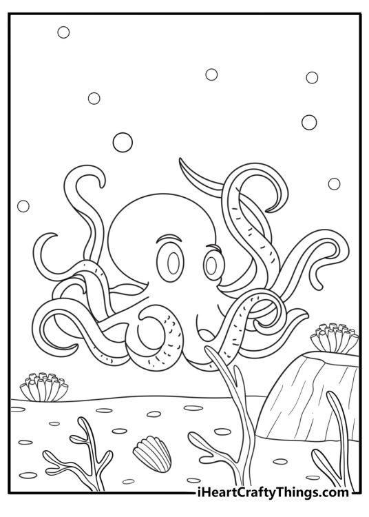 Octopus changing color on coral reef detailed coloring page PDF download