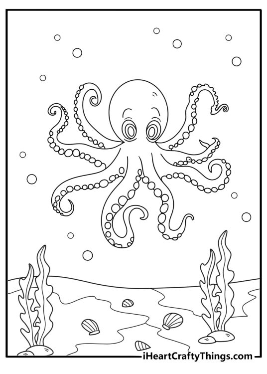 Octopus exploring tide pool with shells and seaweed simple printable for kids