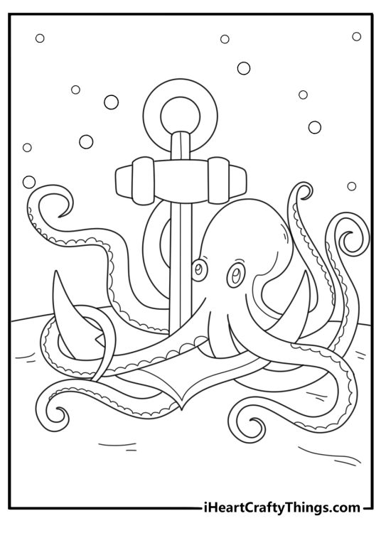 Octopus gripping a ship anchor on sandy bottom advanced coloring page for adults
