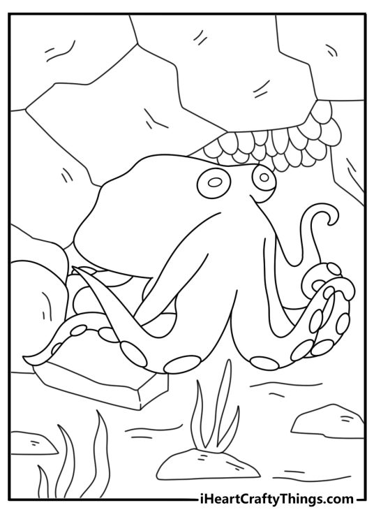Octopus guarding eggs in rocky den educational coloring sheet PDF