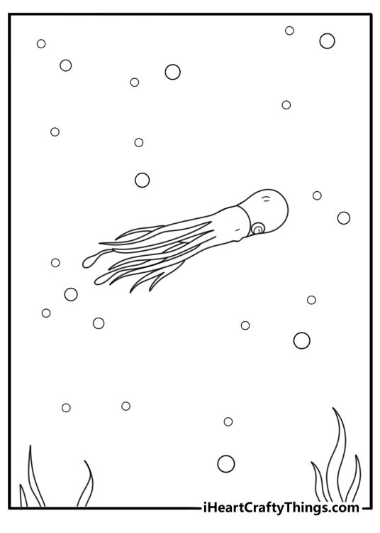 Octopus jet propulsion swimming fast across open water coloring page PDF