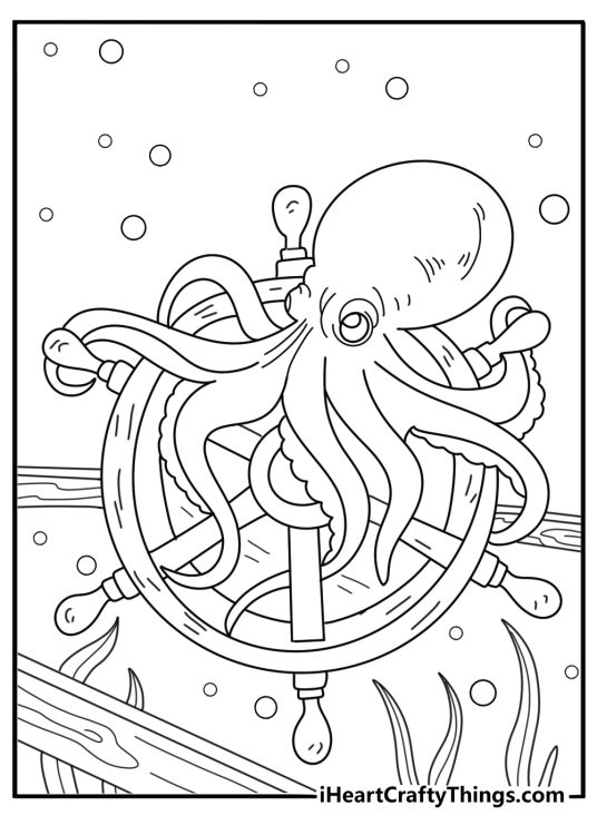 Octopus perched on sunken ship wheel ocean scene coloring sheet PDF